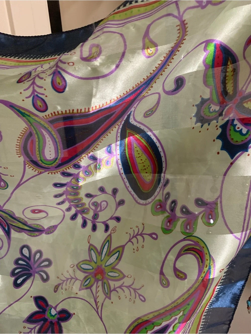 Silk-Feel Paisley Wrap Scarf in Sage Green and Multicolor
